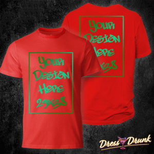 T-shirt unisex rossa con stampa fronte retro, visualizzata su sfondo neutro per anteprima prodotto.