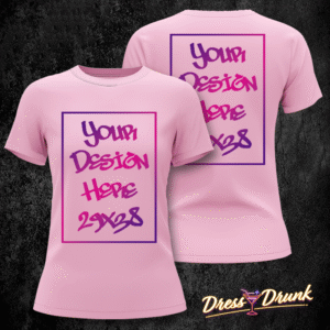 T-shirt donna rosa con stampa fronte retro, visualizzata su sfondo neutro per anteprima prodotto.