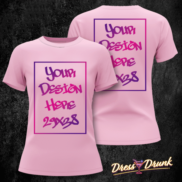 T-shirt donna rosa con stampa fronte retro, visualizzata su sfondo neutro per anteprima prodotto.