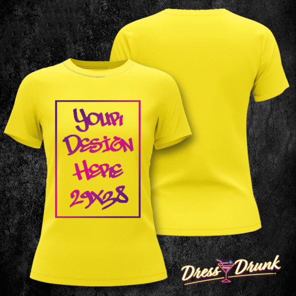 T-shirt donna gialla con stampa solo sul lato frontale, visualizzata su sfondo neutro per anteprima prodotto.